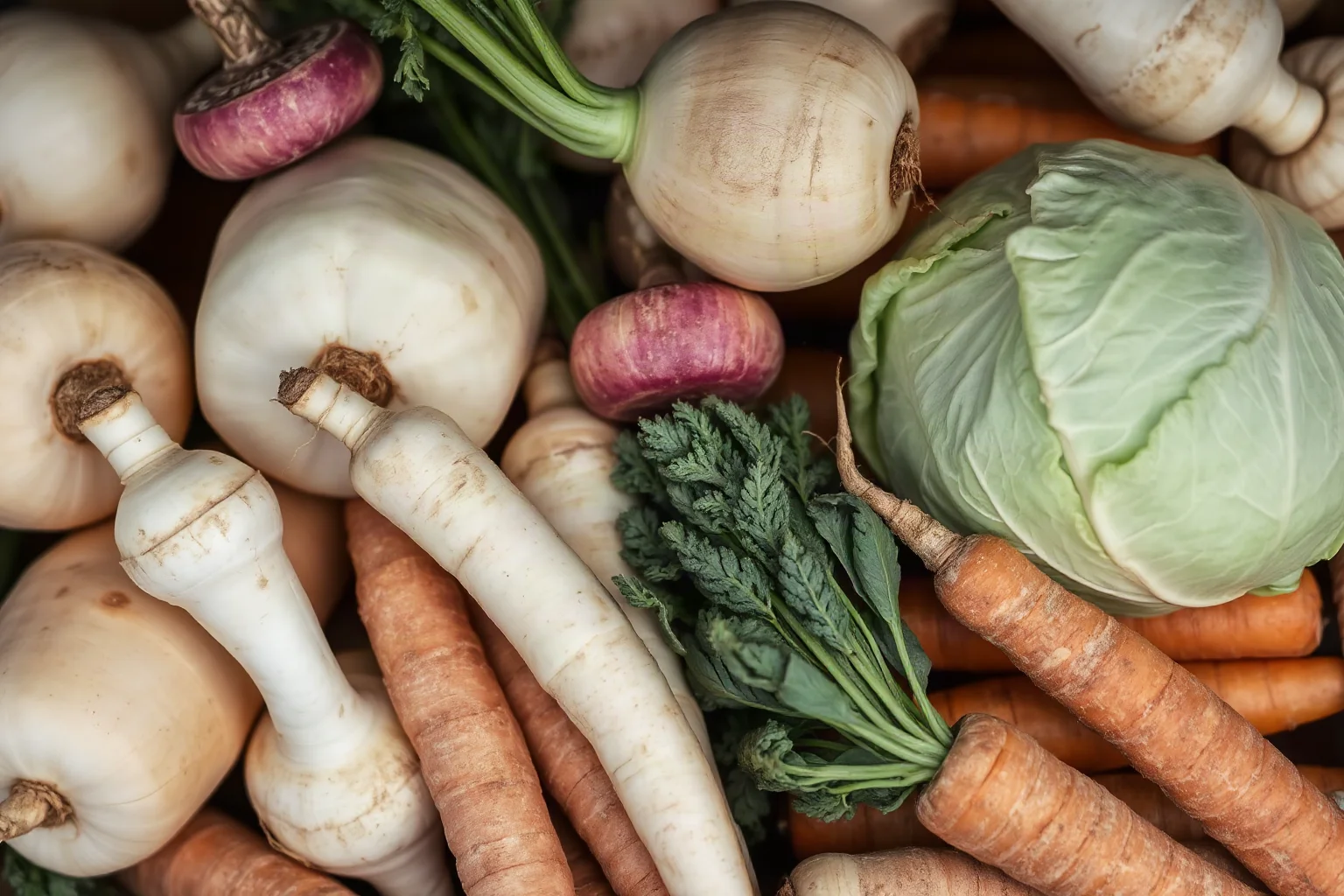 Pile of fresh cabbage, turnips, carrots, and parsnips in earth tones typical of medieval root vegetables