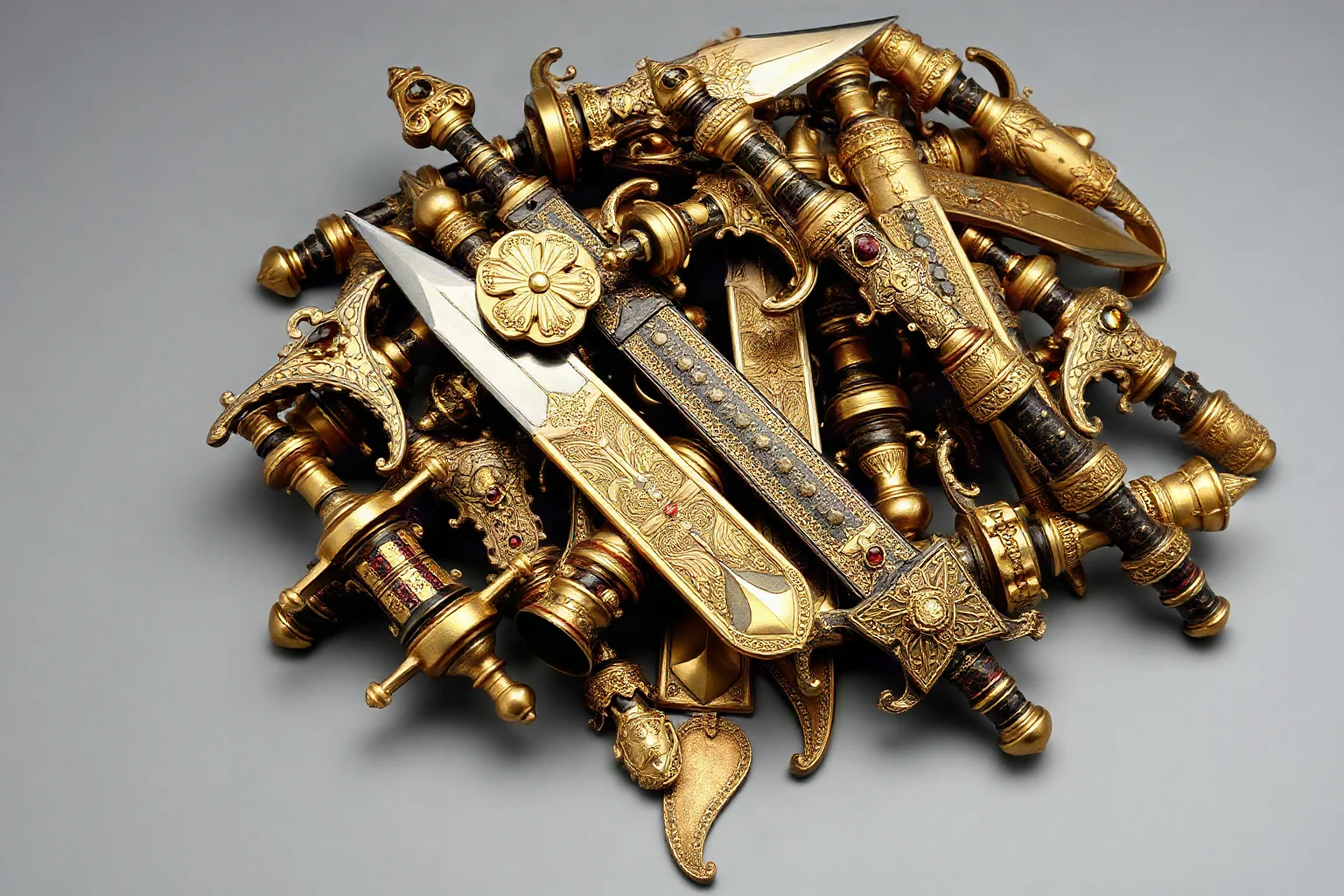 Pile of ornate gold and garnet sword fittings and hilt pieces from a hoard