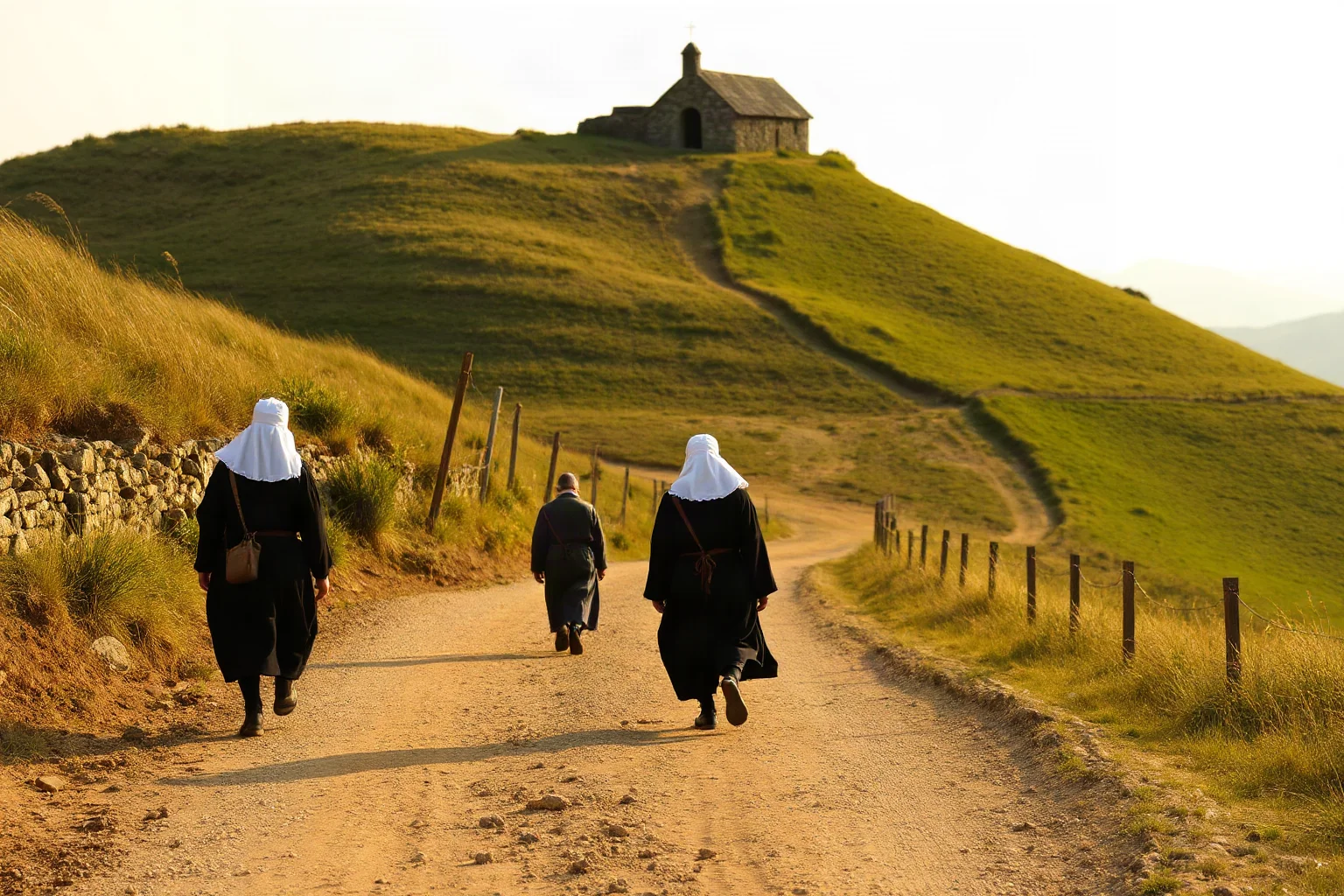 Pilgrims in medieval dress walking a dirt road toward a small stone shrine on a hill, soft daylight