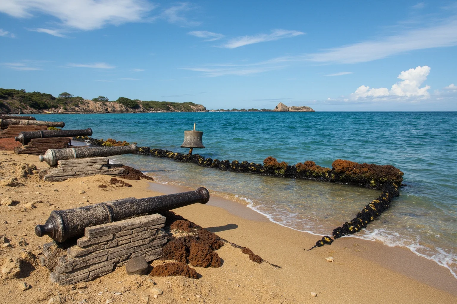 22 Coolest Underwater Discoveries Made Throughout History 17 Pirate ship wreck with cannons and a ship's bell resting on a sandy seafloor near a rocky coast