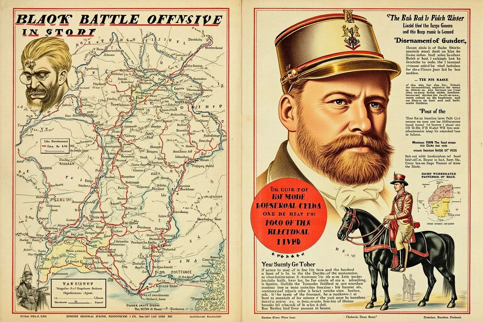Stylized illustration of German military maps and red-bearded emperor imagery symbolizing the Kaiser's Battle offensive of 1918
