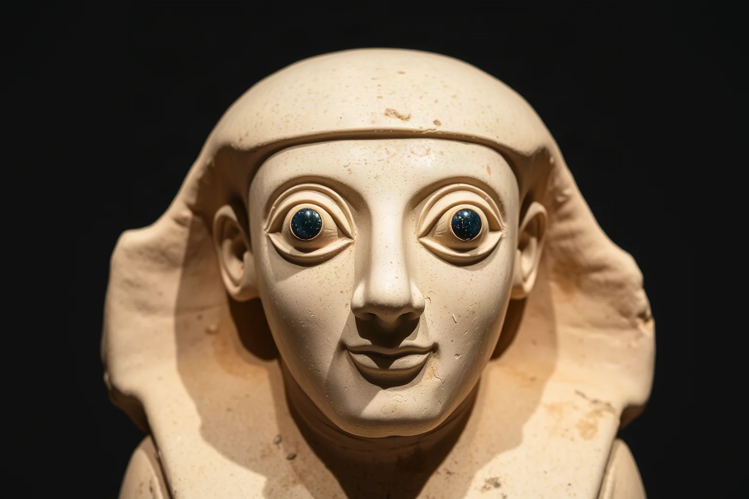 Plaster statue of a stylized human figure with large painted eyes, ancient Near Eastern archaeological find