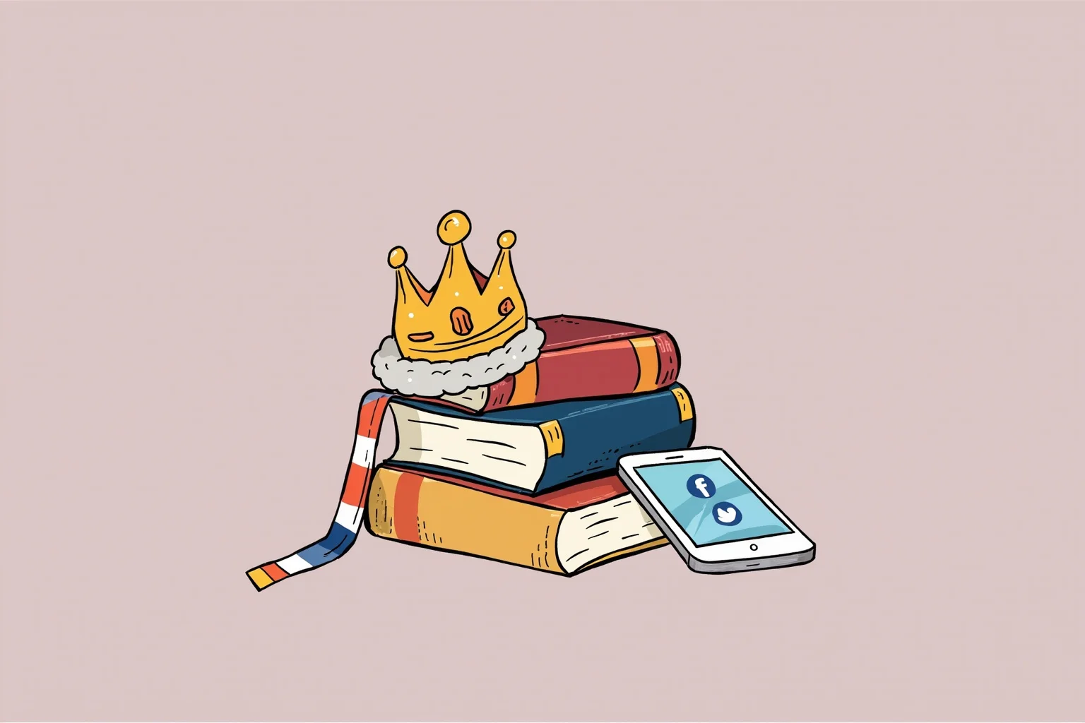 Monarchs Whose Reigns Were Hilariously Short 23 Playful, cartoon-style illustration of a tiny crown resting on a stack of history books with a smartphone nearby showing social icons