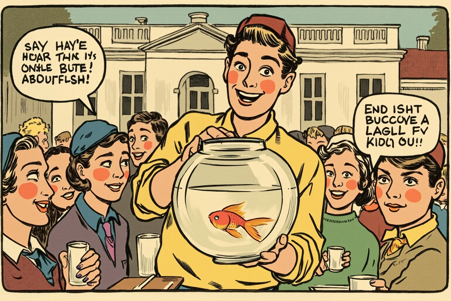 Biggest Fads Throughout American History 7 Playful illustration of a 1930s college student holding a goldfish bowl at a campus gathering