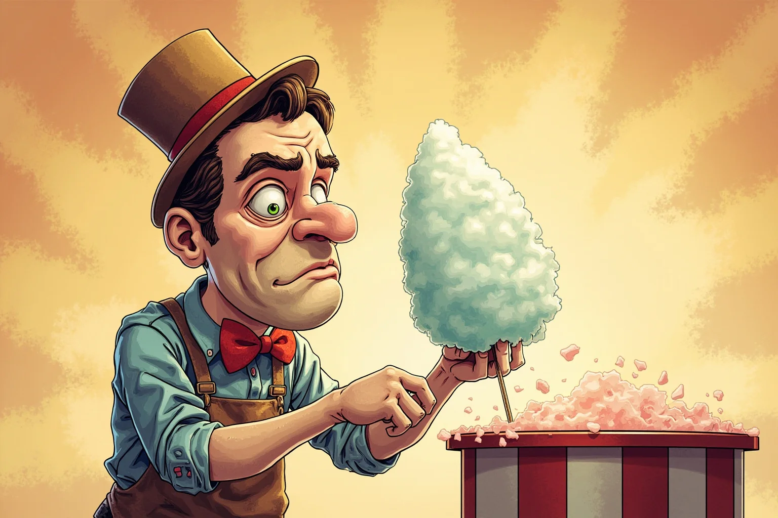 Playful illustration of a carnival vendor with a comically serious, unsmiling expression spinning cotton candy