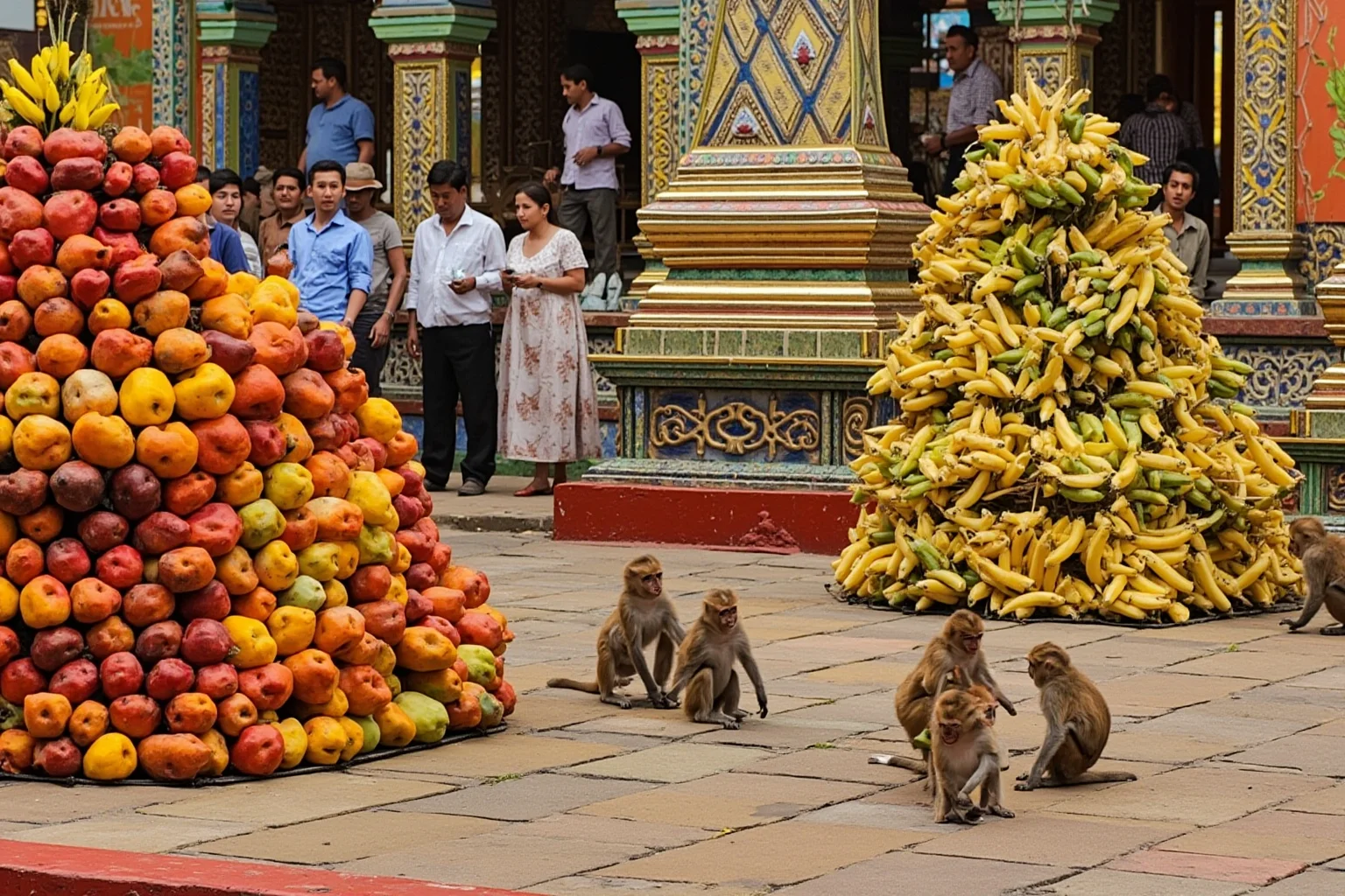 Playful macaque monkeys gathered around towers of tropical fruit in a Thai temple courtyard, colorful festival scene