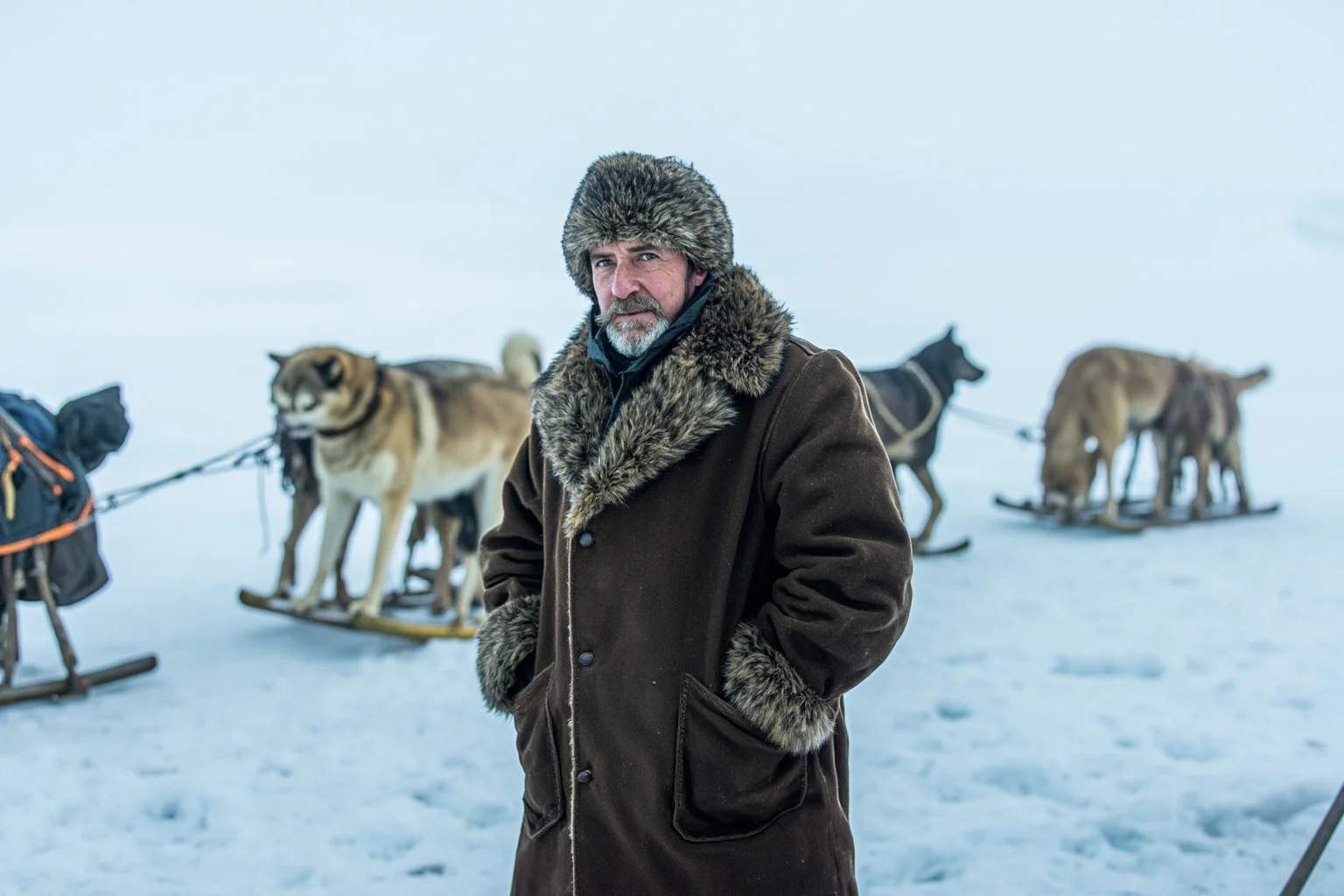 A determined early 20th-century polar explorer in fur-lined coat standing on Antarctic ice with sledges and dog team in the background