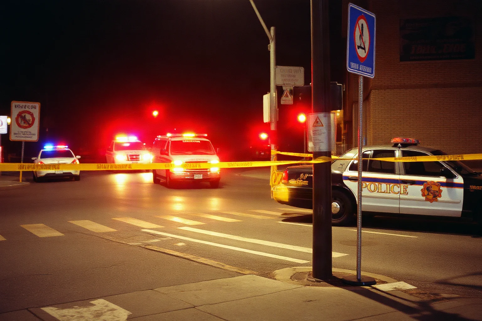 Police tape cordoning off a street corner at night with emergency vehicles, representing an urban shooting incident in late 1990s America