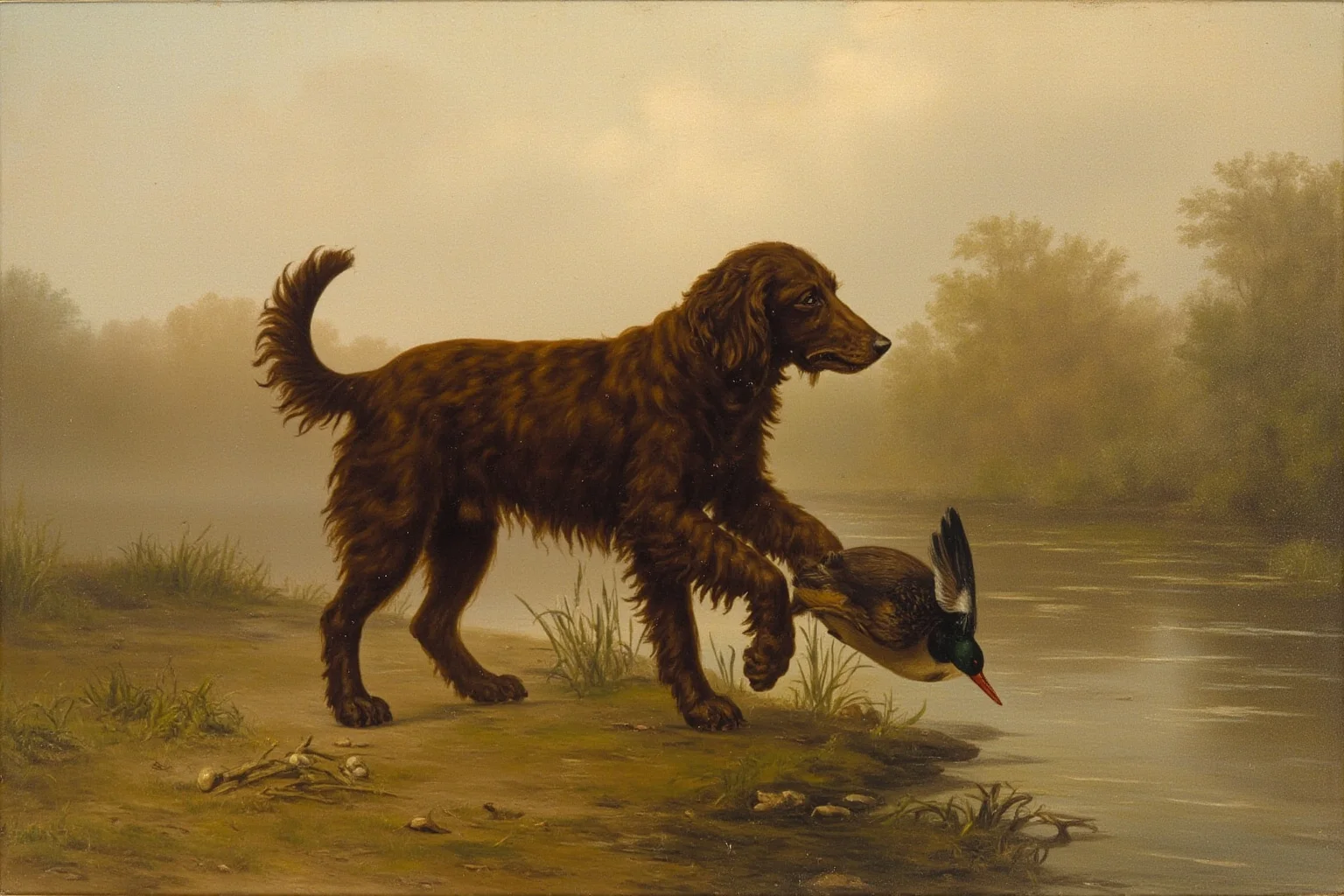 Pooches of the Past: 23 Extinct Dog Breeds and Their Stories 2 A liver-brown curly-coated water spaniel retrieving a duck beside a misty river, 19th-century sporting art style