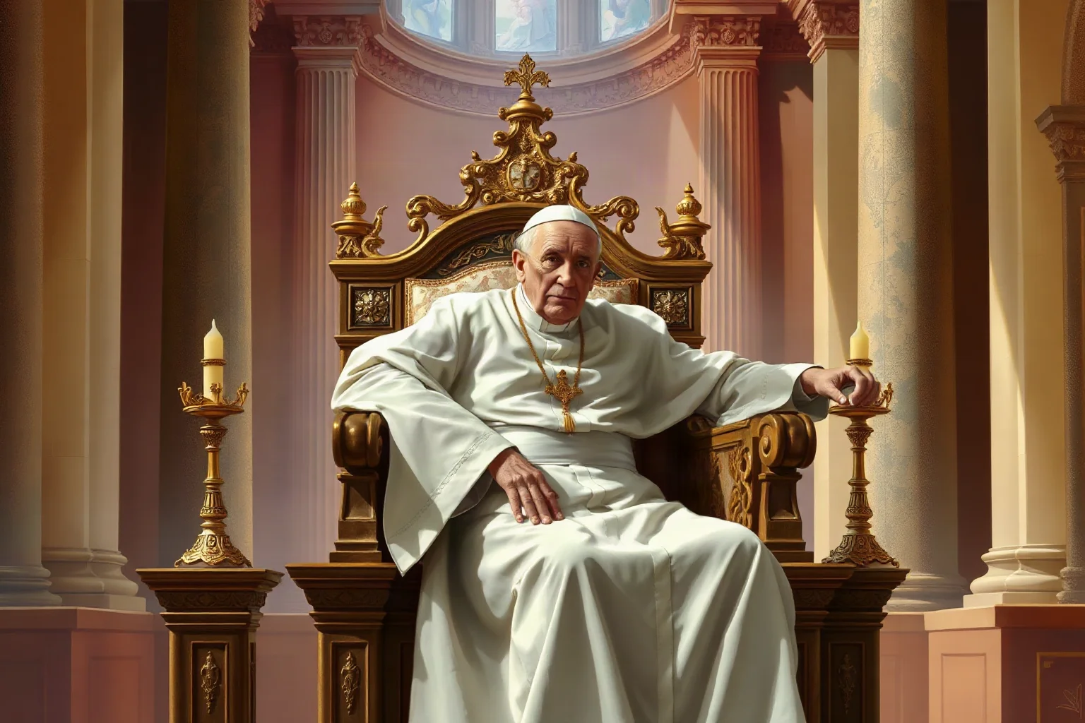 Illustration of an elderly 19th-century pope in white cassock and mozzetta seated on an ornate papal throne inside a grand basilica