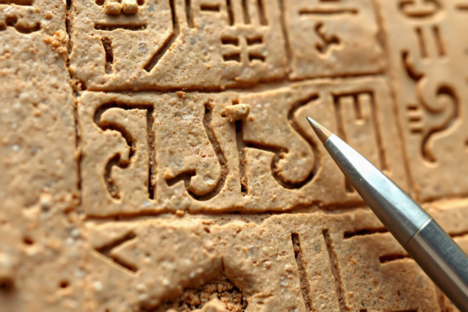 Ancient Sumerian cuneiform script pressed into wet clay tablets with reed stylus, close-up detail showing wedge marks and early writing system