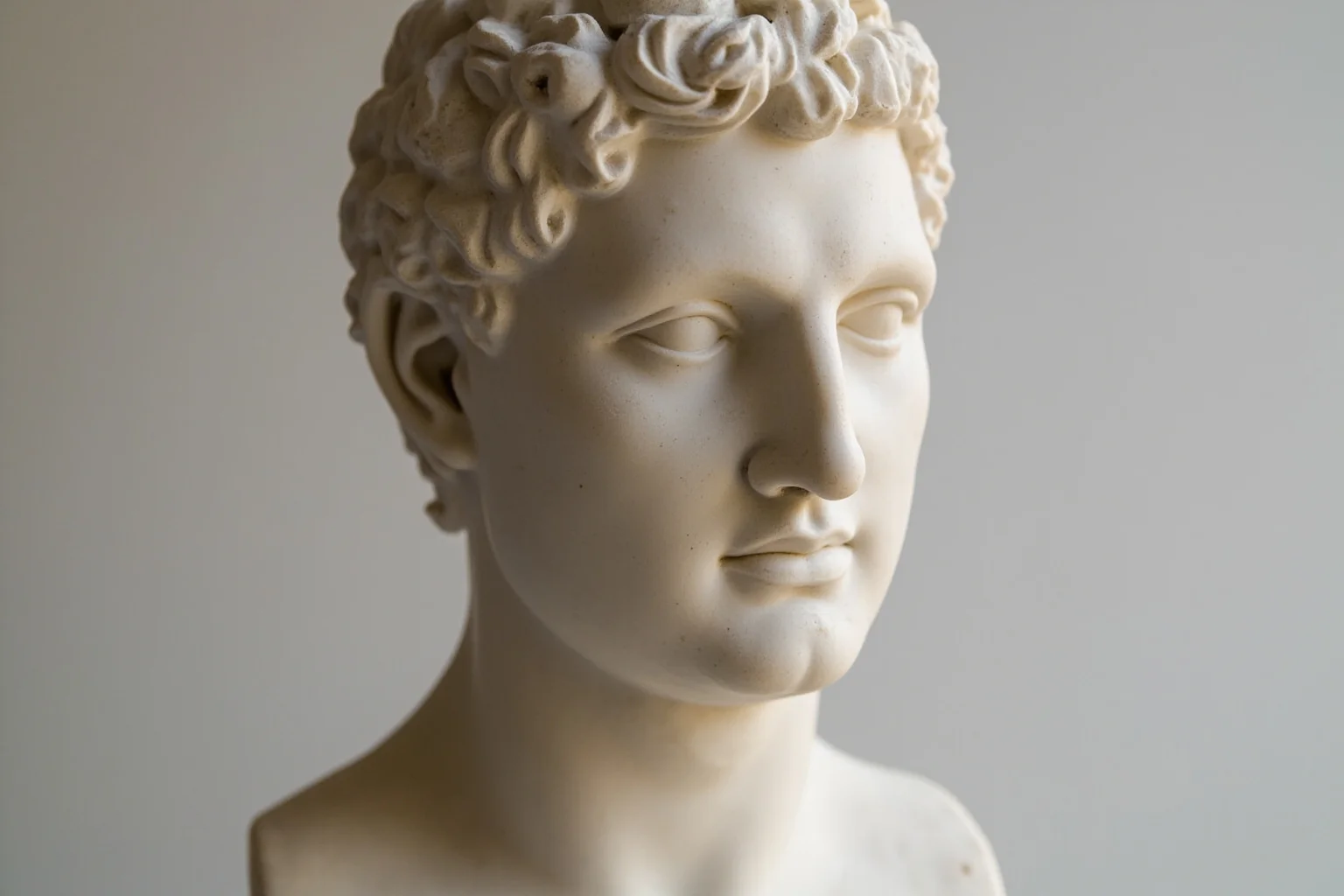 Portrait bust of an ancient Greek man with closed eyes, in classical marble sculpture style