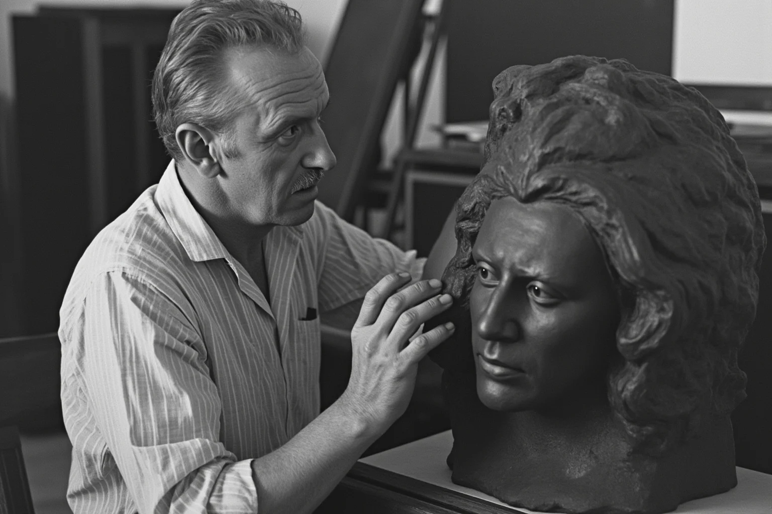 Portrait of a mid-20th-century Italian sculptor working on a large bronze clay model in a studio