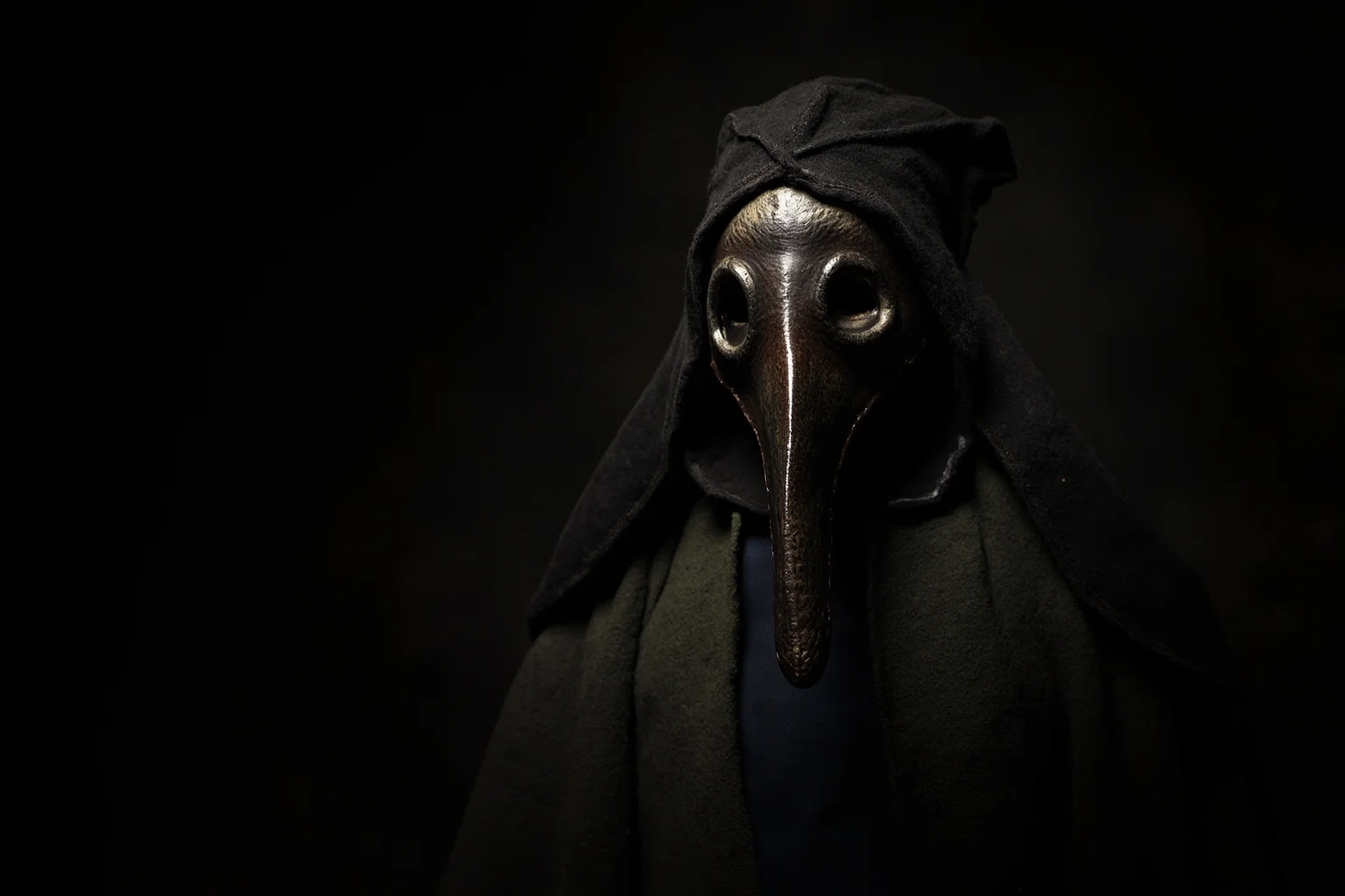 Portrait of a plague doctor in historically accurate 17th-century attire with beaked mask and long dark robes from the 1600s