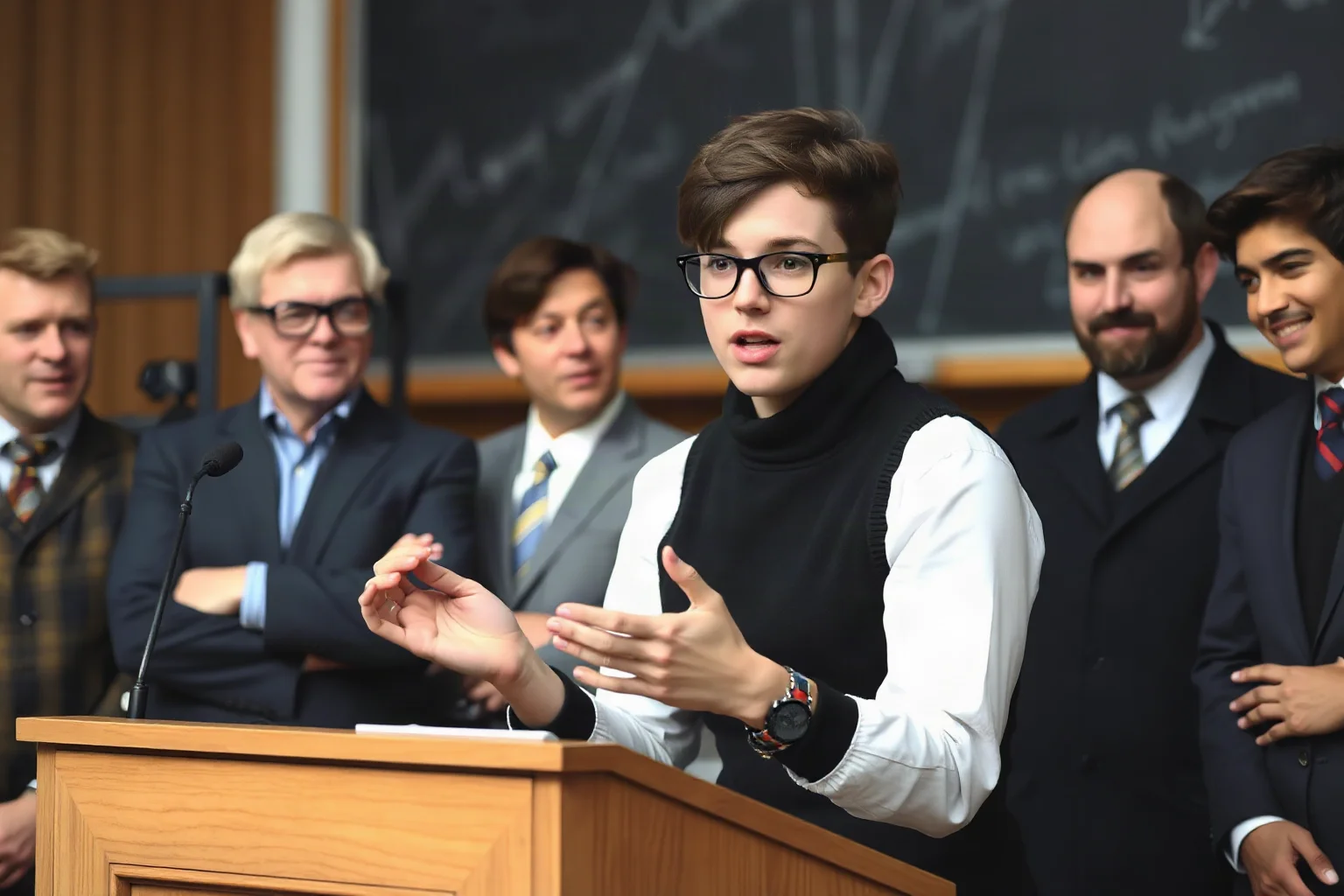 Portrait of prodigy student at Harvard lectern explaining four-dimensional geometry to amazed professors