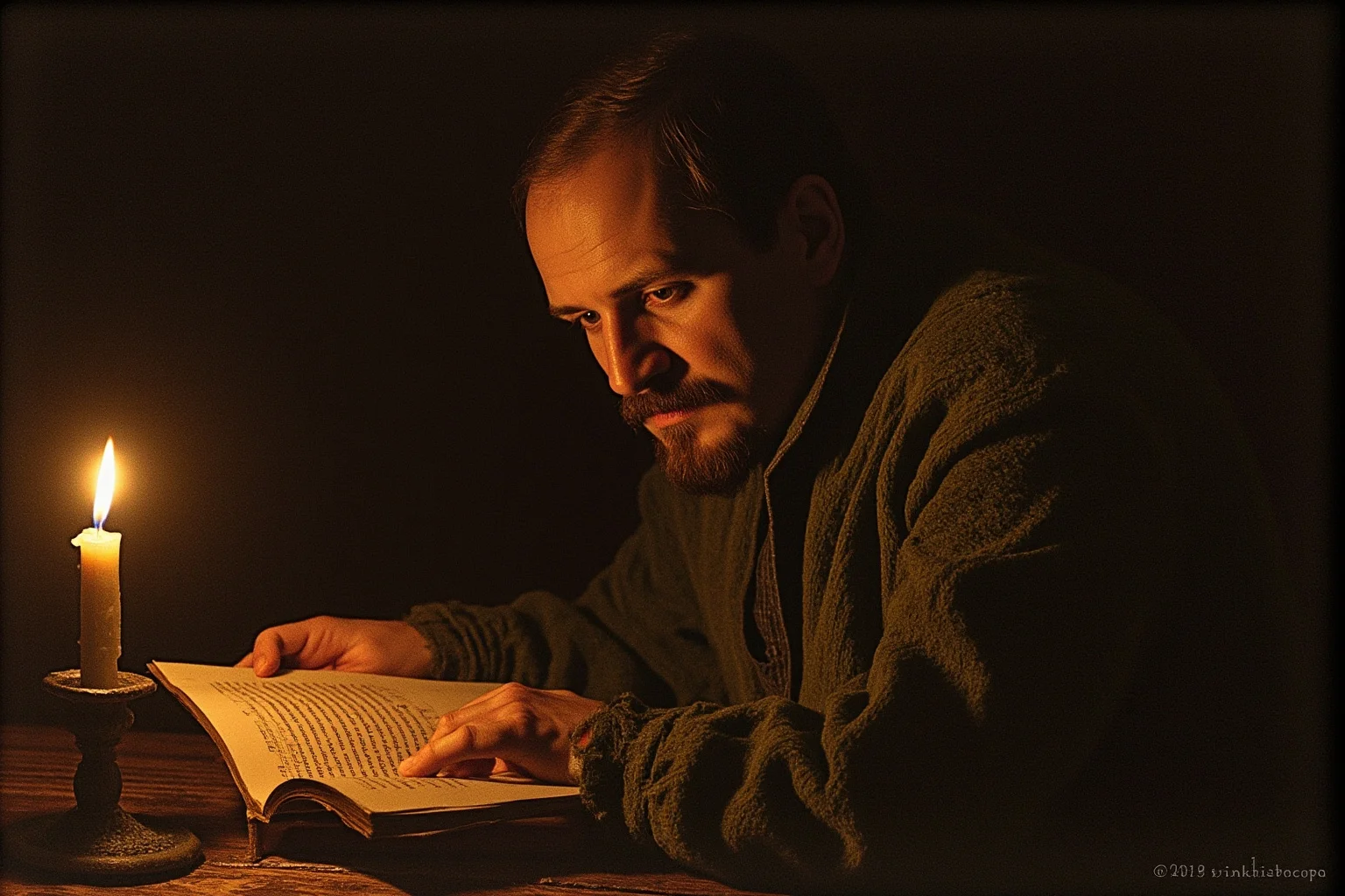 Portrait-style illustration of a Renaissance-era scholar translating text by candlelight