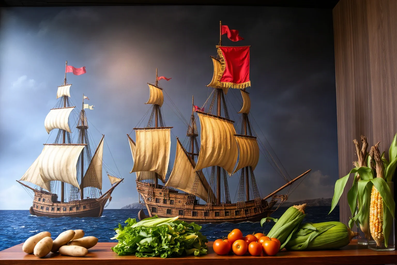 Portuguese explorers' ships from 1492 voyages with New World crops like potatoes, tomatoes, and corn displayed