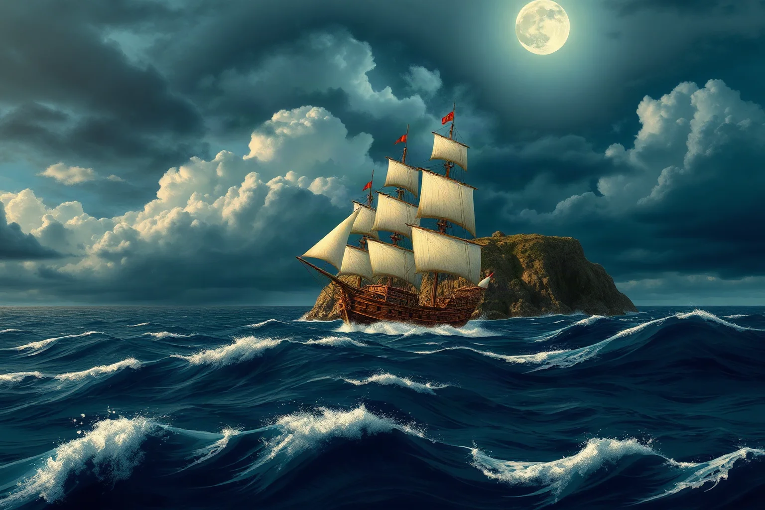 Portuguese sailing ship rounding a rocky African cape under stormy skies, illustrated historical style