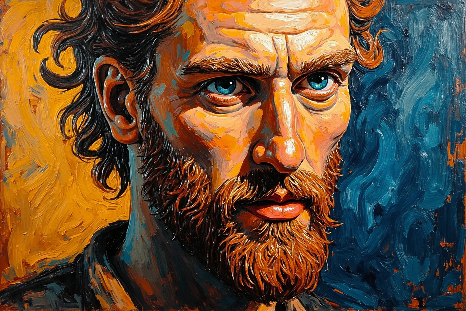 From Cleopatra to George Washington: 21 Most Famous Redheads in History 13 Post-impressionist self-portrait style painting of a painter with a beard and swirling brushstrokes, Van Gogh inspired