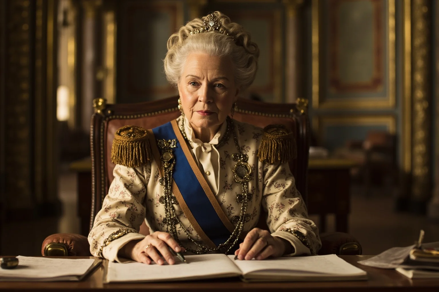 Powerful 18th century empress in military-style coat and sash reviewing documents at a grand desk, palace hall in background