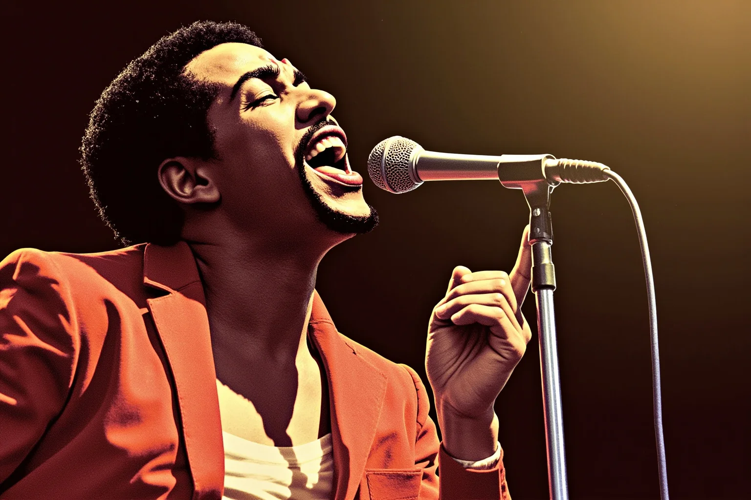 Powerful illustrated portrait of a 1960s soul singer belting into a microphone on stage, warm spotlight, expressive pose