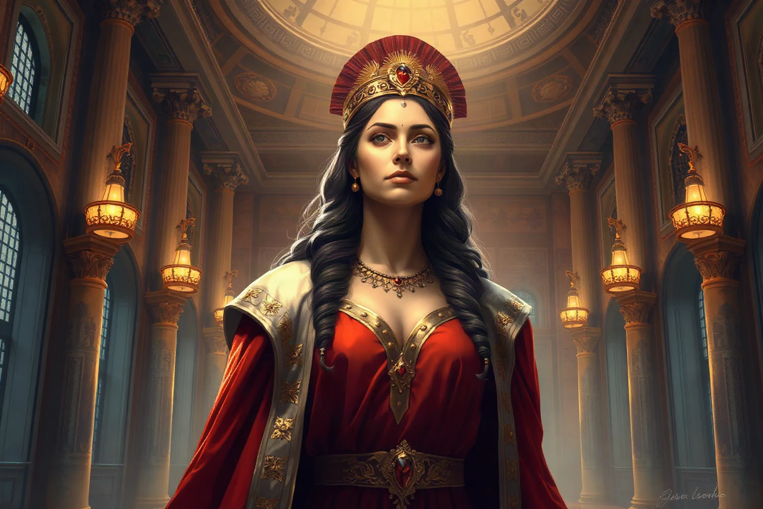Powerful Macedonian queen in regal robes standing in an ornate palace hall, illustrated historical portrait