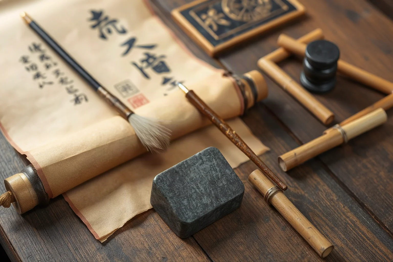 An ancient Chinese scroll with calligraphy brush, ink stone, and bamboo strips on a wooden table, symbolizing classical military strategy