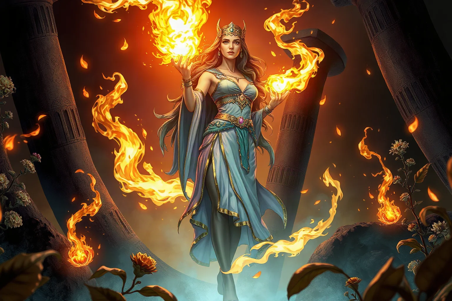 Powerful sorceress princess standing among glowing herbs and flames in an ancient Greek setting, mythological illustration
