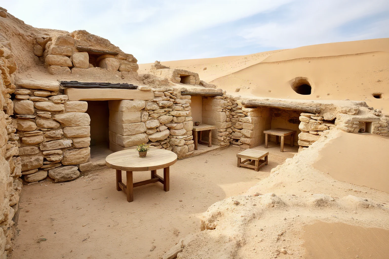 Preserved Neolithic stone village with built-in stone furniture inside small ancient houses, sandy dunes nearby