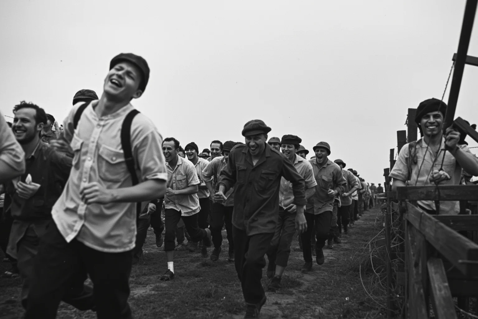 The Most Daring Prison Escapes in History 9 Prisoners breaking through a barbed wire fence at a WWII-era camp under a gray overcast sky