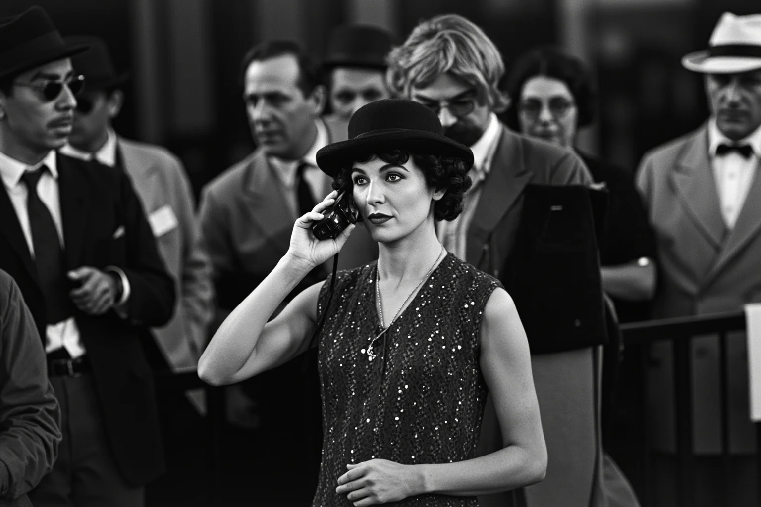 Proof of Time Travel? 20 Famous Photos, Notes, and Stories Fact-Checked 2 Vintage black-and-white style crowd scene outside a 1920s cinema premiere, a woman in period clothing holding a hand device near her ear