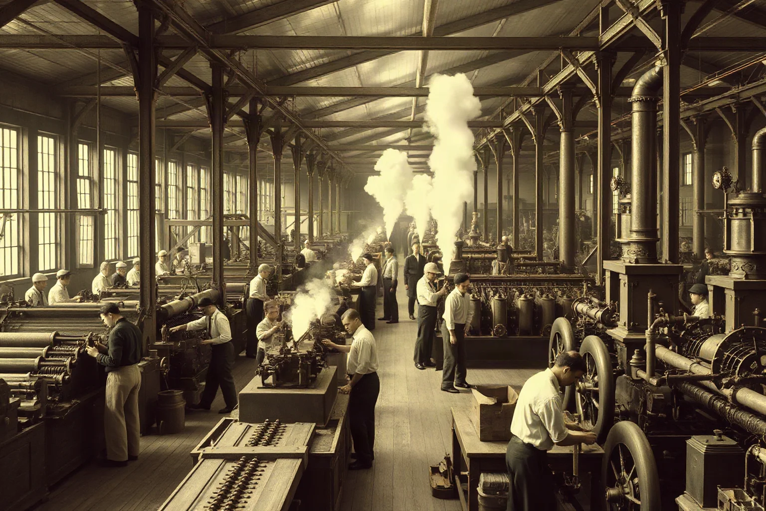 A bustling 19th-century factory with steam-powered machinery and workers, illustrating rapid economic growth