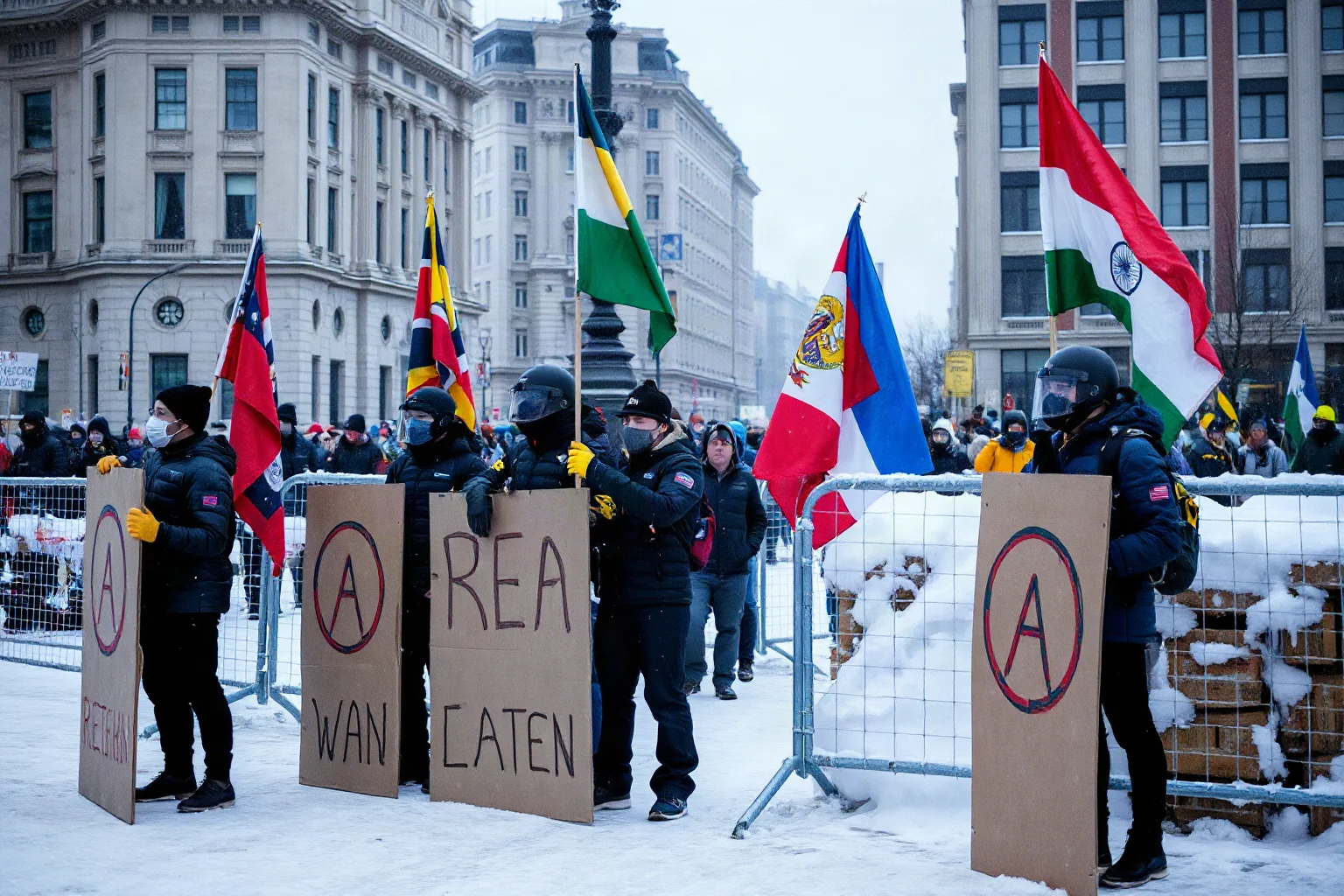 Protesters with makeshift shields and flags standing before snowy barricades in a city square