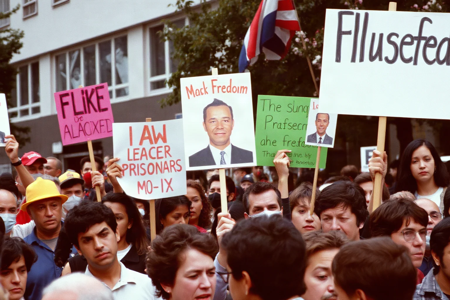 Protestors holding signs demanding freedom for a political prisoner, with diverse crowds gathered in streets during the 1980s
