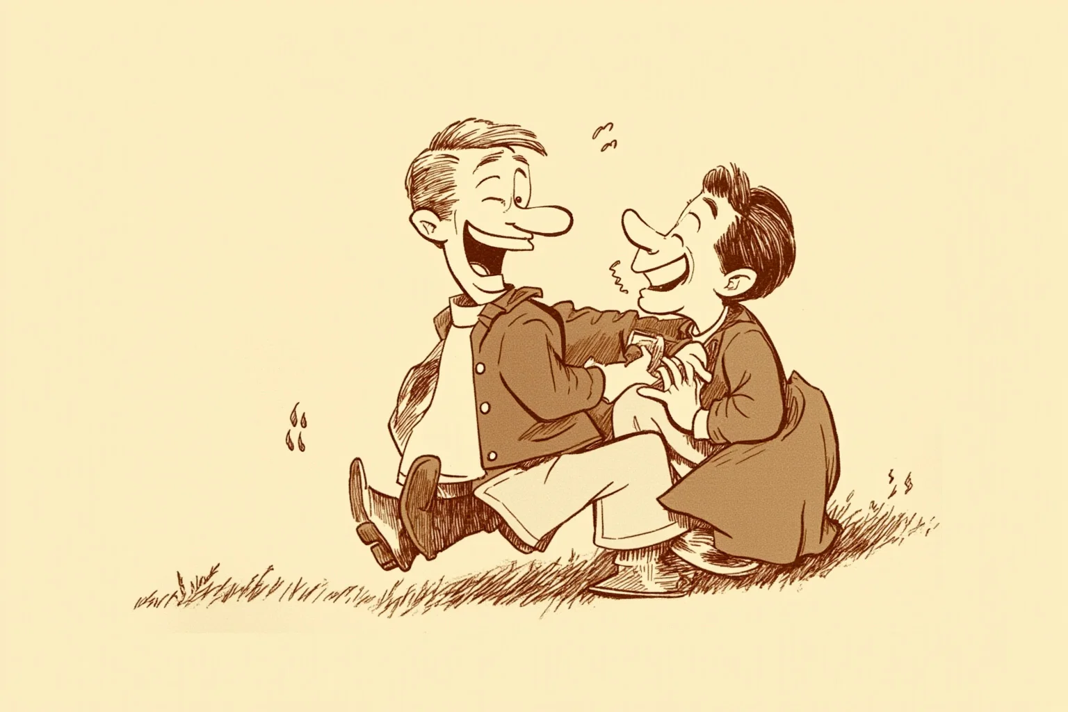 A vintage-style illustration of two friends laughing, one comically miming pulling the other's leg, in a warm sepia-toned historical cartoon style