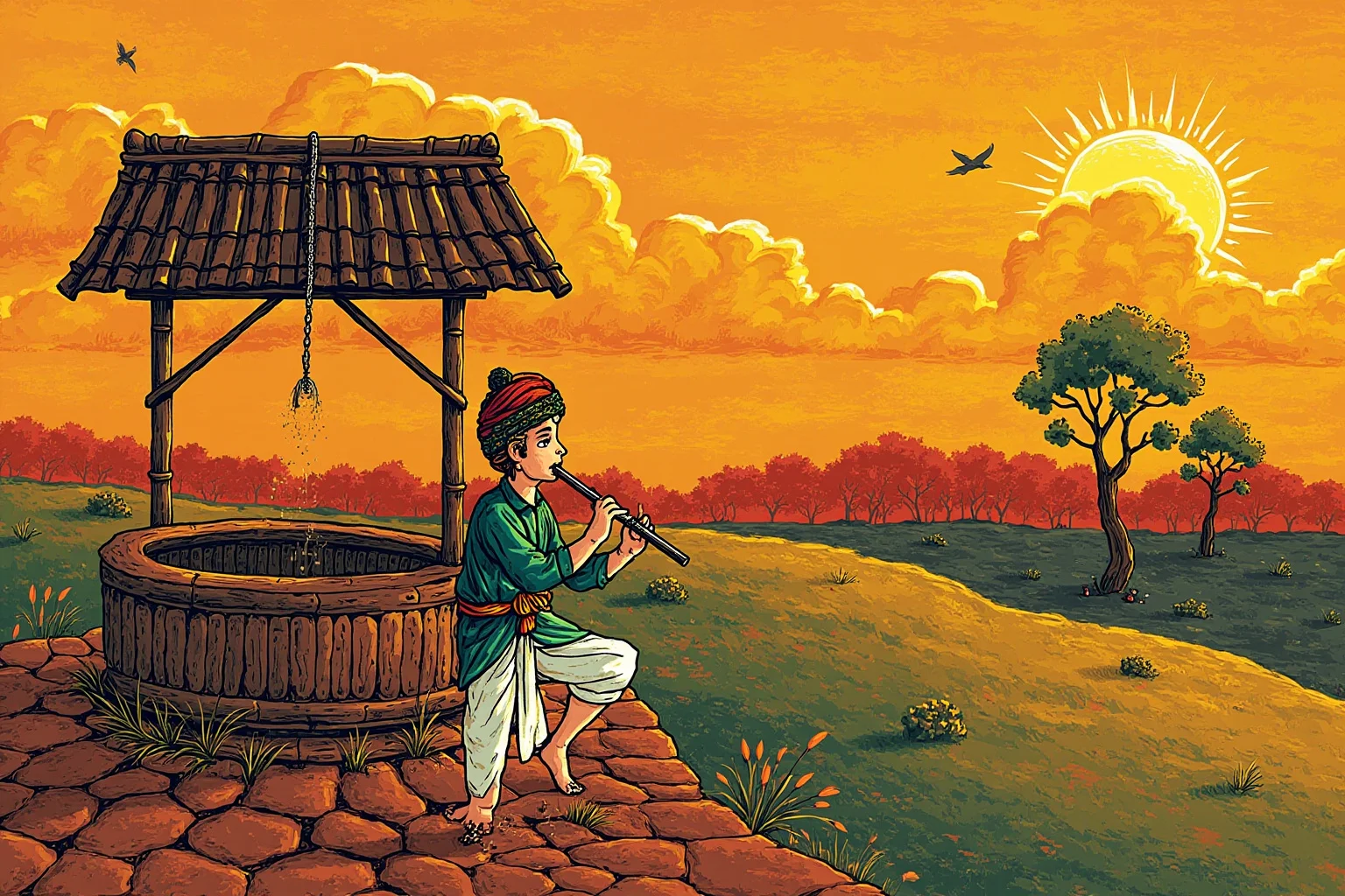 Star-Crossed Lovers: The 22 Greatest Historical Romances Ever 22 Punjabi folk-art style illustration of a young man playing a flute near a village well at dusk