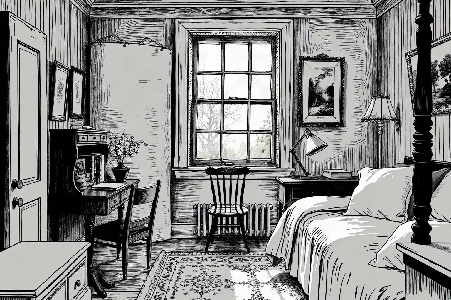 Quiet 19th century New England bedroom illustration with a writing desk by a window, evoking a reclusive poet