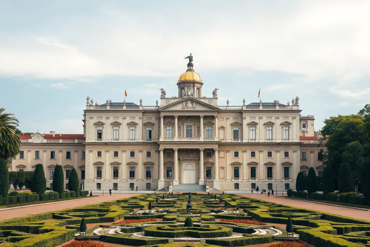 Quirinal Palace in Rome with its grand Baroque facade and expansive formal gardens