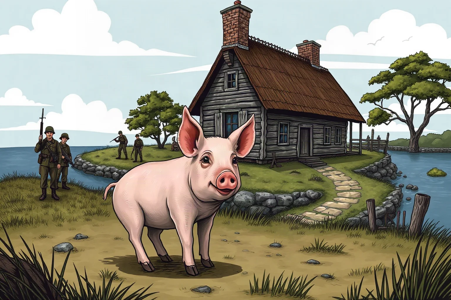 Quirky illustration of a small pig near a 19th-century island farmhouse with soldiers in the background