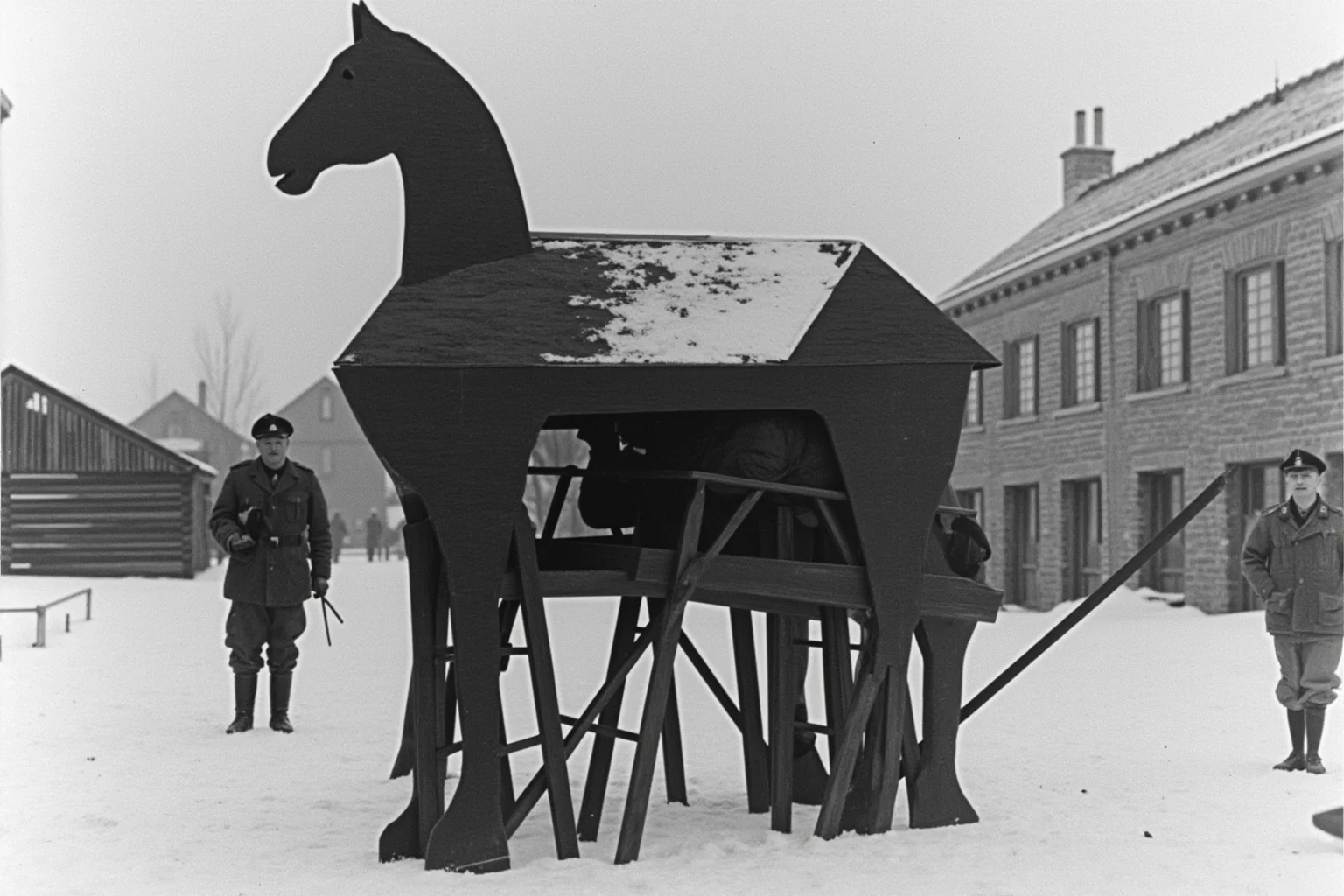 The Most Daring Prison Escapes in History 3 RAF officers hiding inside a wooden vaulting horse in a snowy POW camp exercise yard