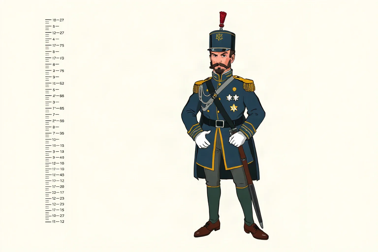 A stylized illustration of a 19th-century European general in uniform standing next to a height-measuring chart, softly caricatured, no real identifiable person