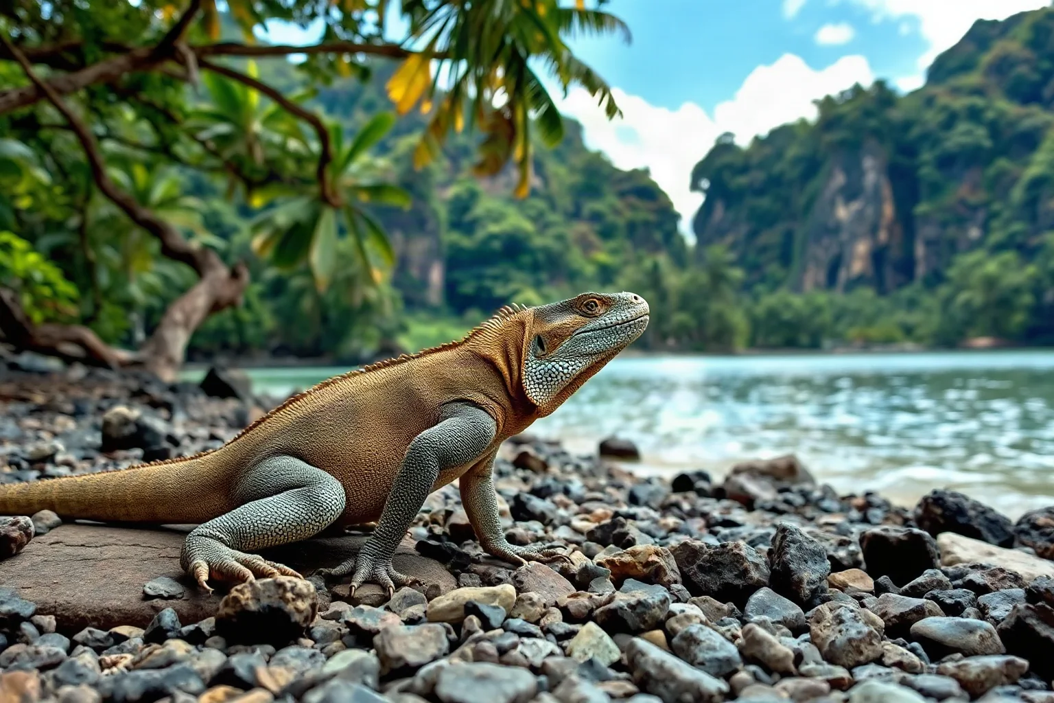 Realistic Komodo dragon lizard on a rocky tropical island shoreline, Indonesian jungle background