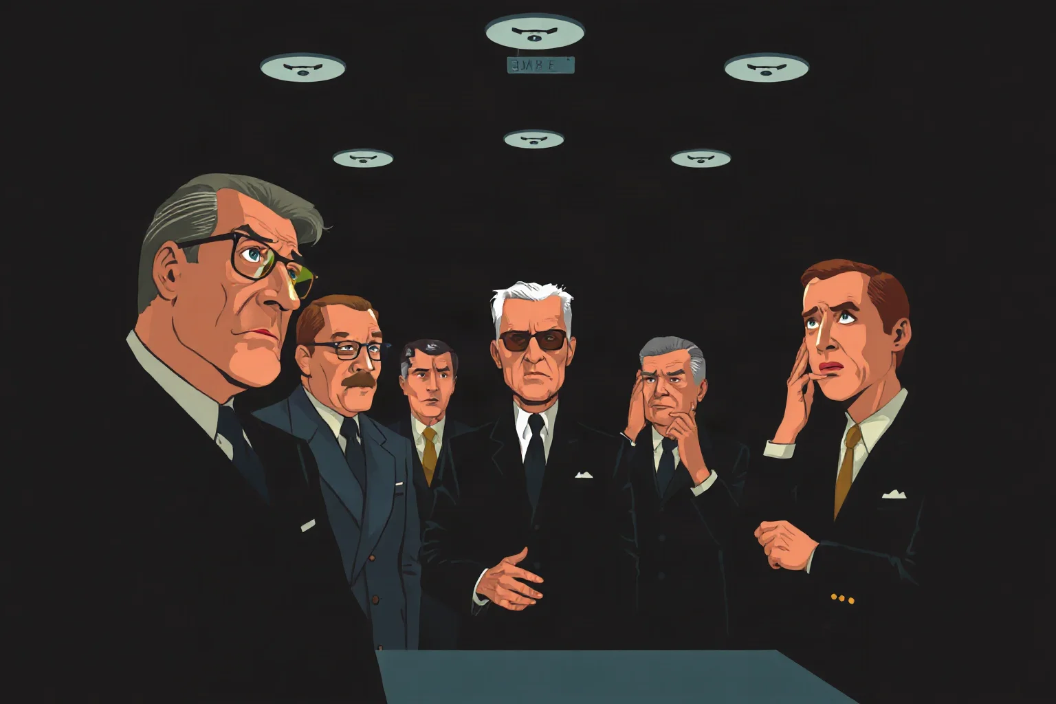 A retro 1960s-style illustration of worried government officials in a dark room, symbolizing Cold War-era distrust and secrecy