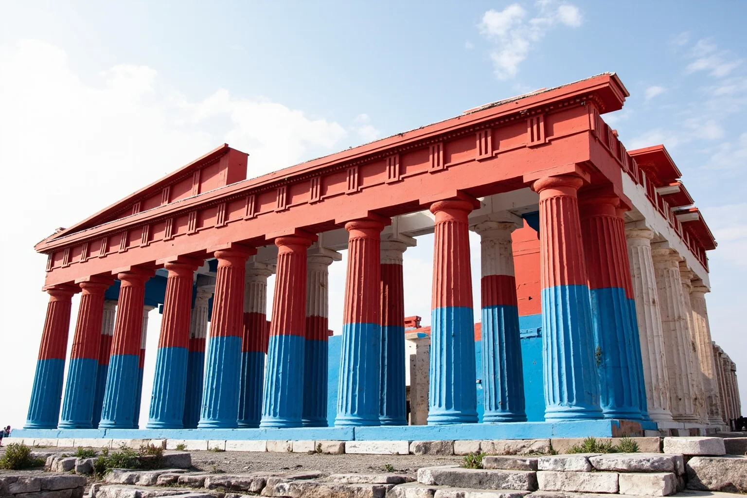Reconstructed ancient Greek temple facade painted in vivid red and blue colors instead of plain white marble