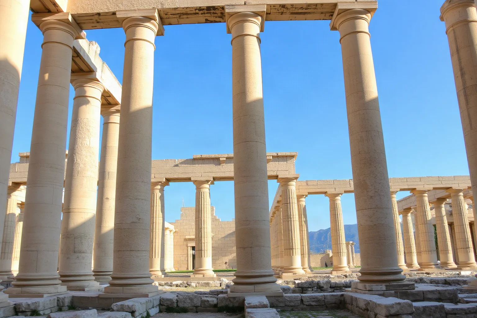 Reconstructed ancient stone colonnade of the Stoa of Attalos in the Athens Agora