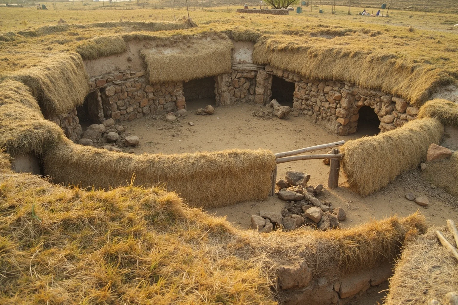 Reconstructed Neolithic pit-house village with round thatched dwellings