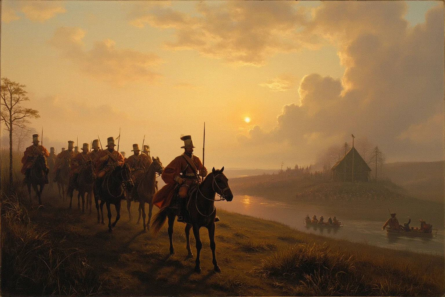 The Mad Baron Who Conquered Mongolia: The Bloody Life of Roman von Ungern-Sternberg 21 Red Army soldiers on horseback approaching a small isolated camp at dawn, historical illustration