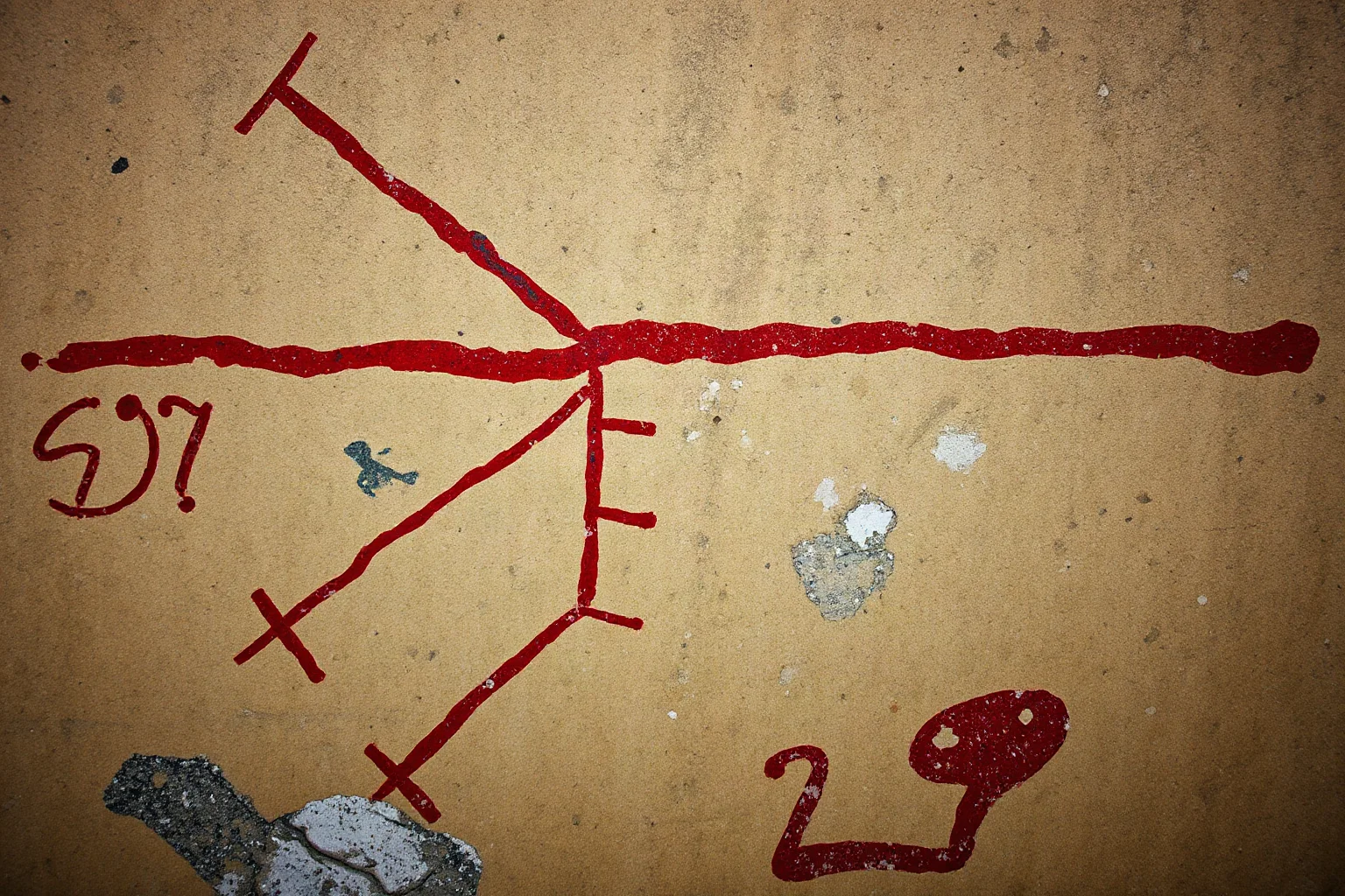 Red horizontal and vertical lines forming a ladder-like symbol on a cave wall, ancient pigment with mineral crust deposits