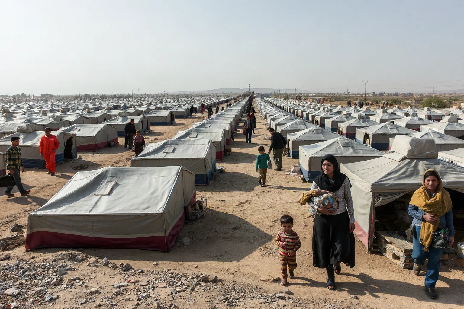 Refugee camp after major conflict with rows of temporary shelters, families carrying belongings, humanitarian workers assisting