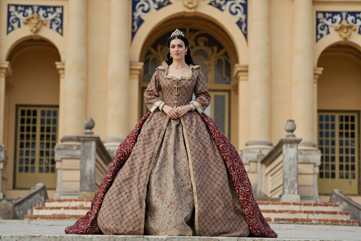 Regal 18th-century empress in an elaborate gown standing before a grand European palace